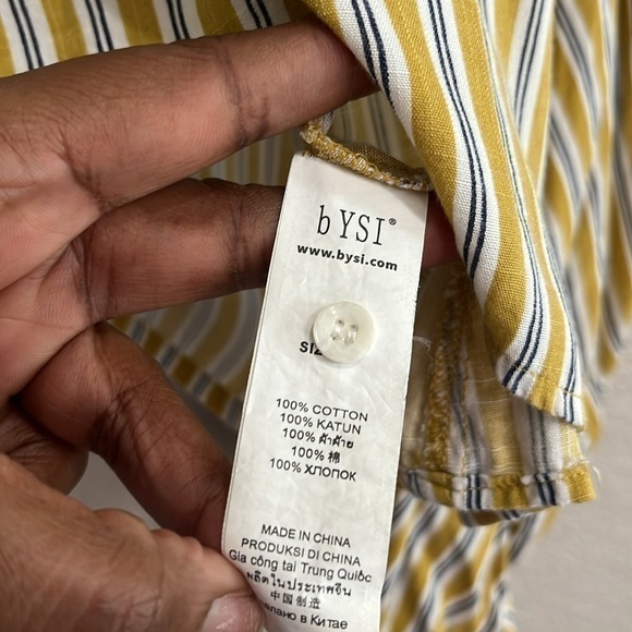 BYSI Women’s Blouse Cropped Bell Sleeves Lace Boho Size S Yellow Striped - Picture 9 of 11